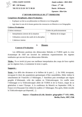 Première page de Histoire-Géographie 1ère A2, 1ère B, 1ère C, Tle A2, Tle B, Tle C, Tle D — 1er devoir surveillé, 2e trimestre (2021-2022) · CPEG SAINT Justin