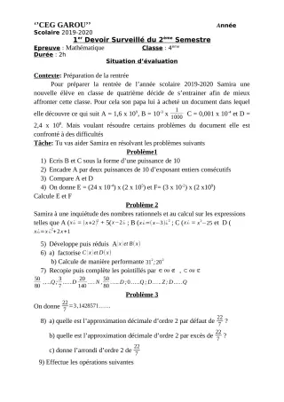 Première page de Mathématiques 4e — 1er devoir surveillé, 2e semestre (2019-2020) · CEG GAROU