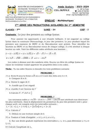 Première page de Mathématiques 3e — 1re production scolaire, 1er semestre (2023-2024) · CEG1 Ikpinlè
