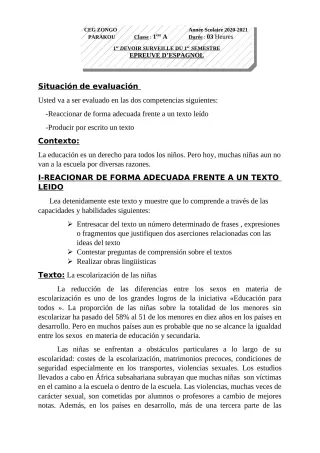 Première page de Espagnol 1ère A1, 1ère A2 — 1er devoir surveillé, 1er semestre (2020-2021) · CEG ZONGO