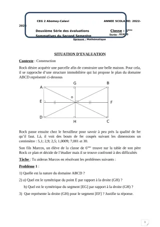 Première page de Mathématiques 6e — 2e évaluation sommative, 2e semestre (2022-2023) · CEG2 ABOMEY - CALAVI (CEG ZOCA)