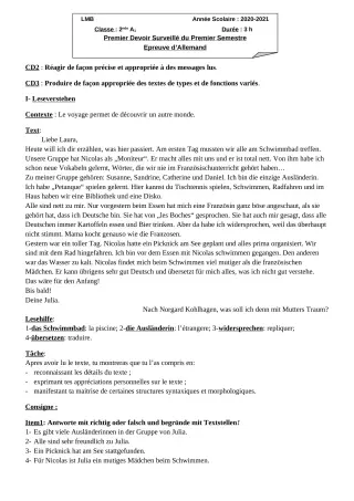 Première page de Allemand 2nde A1, 1ère A1, 1ère B, Tle B — 1er devoir surveillé, 1er semestre (2020-2021) · LMB