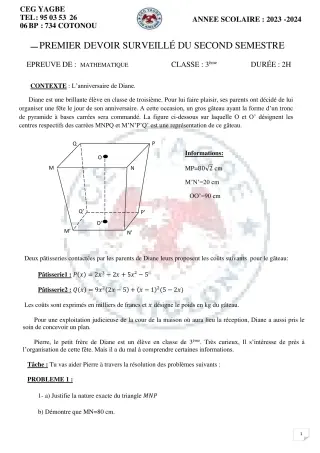 Première page de Mathématiques 3e — 1er devoir surveillé, 2e semestre (2023-2024) · CEG Yagbe