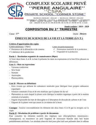 Première page de SVT 5e — Composition (2019-2020) · CPEG PIERRE ANGULAIRE