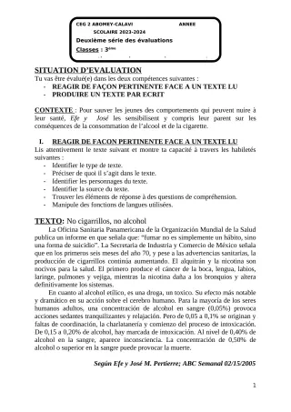 Première page de Espagnol 3e — 2e évaluation sommative, 1er semestre (2023-2024) · CEG2 ABOMEY - CALAVI (CEG ZOCA)