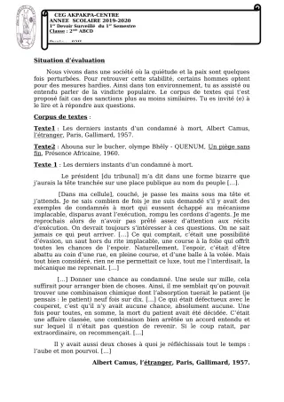 Première page de Français 2nde A1, 2nde A2, 2nde C, 2nde D — 1er devoir surveillé, 1er semestre (2019-2020) · CEG 1 Akpakpa-Centre