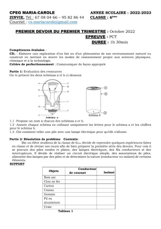 Première page de PCT 6e — 1er devoir surveillé, 1er trimestre (2022-2023) · CPEG MARIA-CAROLE