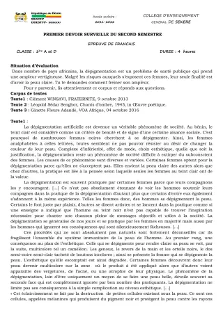 Première page de Français 1ère A2, 1ère D — 1er devoir surveillé, 2e semestre (2021-2022) · CEG SEKERE
