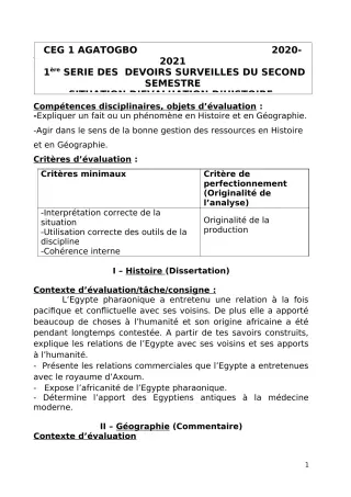 Première page de Histoire-Géographie 2nde A1, 2nde A2, 2nde B — 1er devoir surveillé, 2e semestre (2020-2021) · CEG 1 Agatogbo