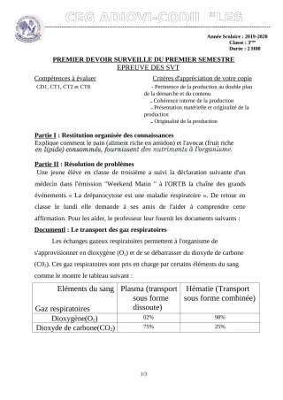 Première page de SVT 3e — 1er devoir surveillé, 1er semestre (2019-2020) · CEG ADJOVICODJI 'LES OLIVIERS'