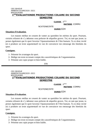 Première page de Français 3e, 3e ML — 2e semestre (2020-2021) · CEG SEHOUE