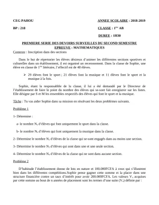 Première page de Mathématiques 1ère A1, 1ère A2, 1ère B — 1er devoir surveillé, 2e semestre (2018-2019) · CEG PAHOU