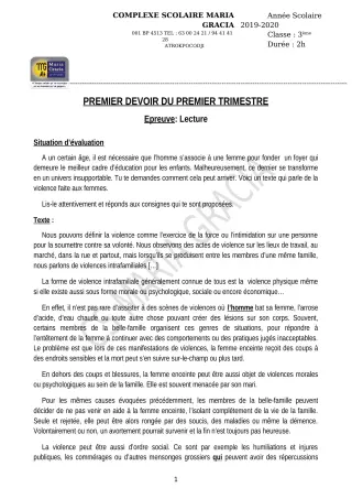 Première page de Français 3e — 1er devoir surveillé, 1er trimestre (2019-2020) · CPEG MARIA GRACIA