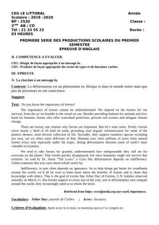 Première page de Anglais 2nde A, 2nde A & B, 2nde B, 2nde C, 2nde D — 1re production scolaire, 1er semestre (2019-2020) · CEG Le Littoral