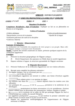 Première page de Histoire-Géographie 2nde C, 2nde D — 1re production scolaire, 2e semestre (2022-2023) · CEG1 Ikpinlè