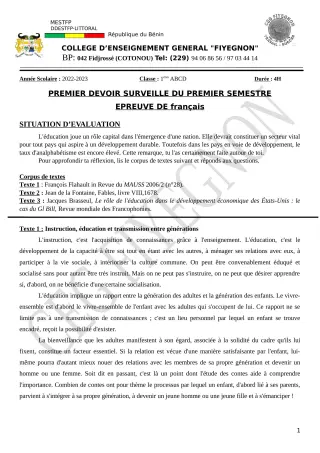 Première page de Français 1ère A2, 1ère B, 1ère C, 1ère D — 1er devoir surveillé, 1er semestre (2022-2023) · CEG FIYEGNON