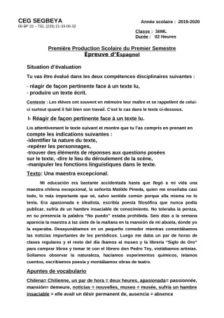Première page de Espagnol 3e ML — 1re production scolaire, 1er semestre (2019-2020) · CEG SEGBEYA
