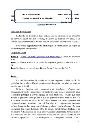 Première page de Devoir surveillé de FRANCAIS — Tle A1 — CEG2 ABOMEY - CALAVI (CEG ZOCA) (2021)