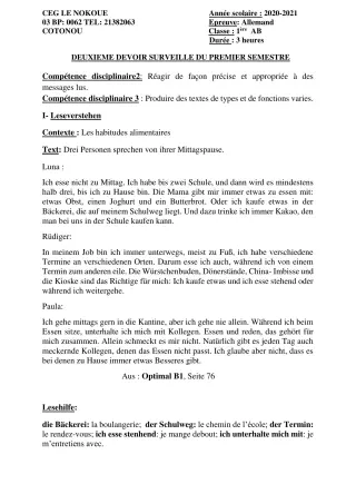 Première page de Allemand 1ère A1, 1ère A2, 1ère B — 2e devoir surveillé, 1er semestre (2020-2021) · CEG LE NOKOUE