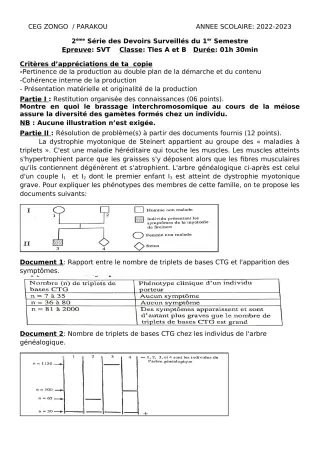 Première page de SVT Tle A1, Tle A2, Tle B — 2e devoir surveillé, 1er semestre (2022-2023) · CEG ZONGO