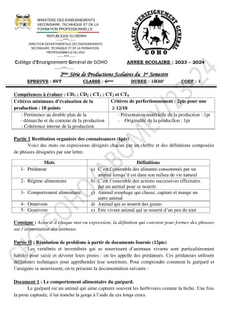 Première page de SVT 6e — 2e production scolaire, 1er semestre (2023-2024) · CEG GOHO