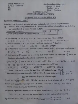 Première page de Examen blanc du bepc 2025 mathématiques Lycée privé Kadiogo Avril 2025 Burkina fasso