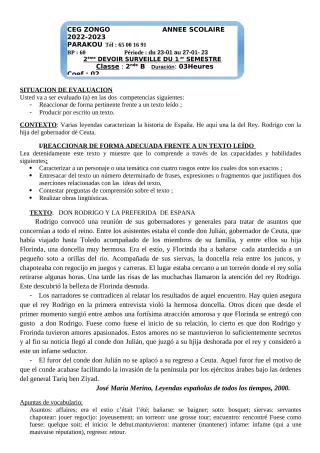 Première page de Espagnol 2nde B — 2e devoir surveillé, 1er semestre (2022-2023) · CEG ZONGO