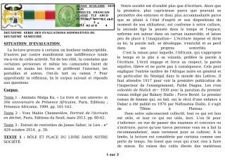 Première page de Français Tle A1, Tle A2, Tle D — 2e évaluation sommative, 2e semestre (2019-2020) · CEG GBESSOU