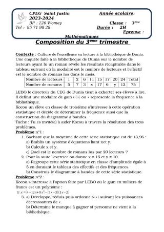 Première page de Mathématiques 3e — Composition, 3e trimestre (2023-2024) · CPEG SAINT Justin