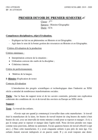 Première page de Histoire-Géographie 3e, 3e ML — 1er devoir surveillé, 1er semestre (2019-2020) · CEG Attogon