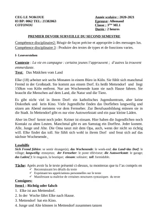 Première page de Allemand 3e ML — 1er devoir surveillé, 2e semestre (2020-2021) · CEG LE NOKOUE