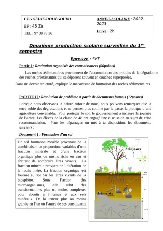 Première page de SVT 4e — 2e production scolaire, 1er semestre (2022-2023) · CEG Sèdjè-Houègoudo