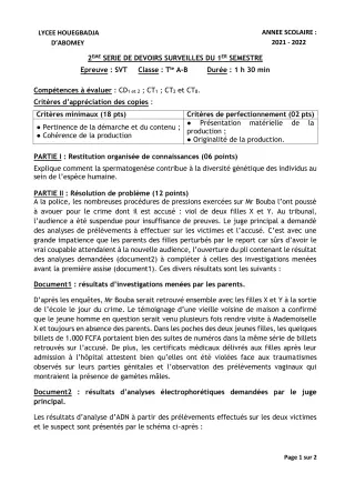 Première page de SVT Tle A & B — 2e devoir surveillé, 1er semestre (2021-2022) · Lycée Houegbadja d'Abomey (Ex Mafory Bangoura)