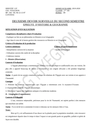 Première page de Histoire-Géographie 2nde A2, 2nde B — 2e devoir surveillé, 2e semestre (2019-2020) · CEG FIYEGNON