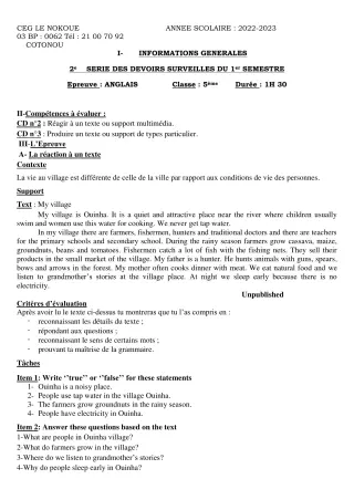 Première page de Anglais 5e — Devoir surveillé, 1er semestre (2022-2023) · CEG LE NOKOUE