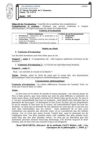 Première page de Philosophie Tle A1, Tle A2, Tle B — 2e devoir surveillé, 1er semestre (2019-2020) · CEG 1 Akpakpa-Centre
