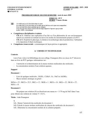 Première page de PCT 5e — Composition, 2e semestre (2019-2020) · CEG Ganvié