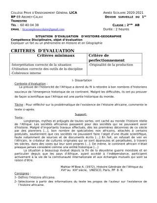 Première page de Histoire-Géographie 2nde A2, 2nde B — 1er devoir surveillé, 1er trimestre (2020-2021) · CPEG LICA