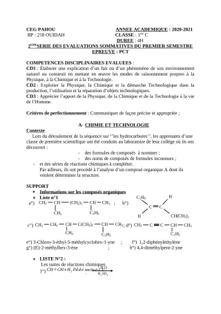 Première page de PCT 1ère C — Évaluation sommative, 1er semestre (2020-2021) · CEG PAHOU