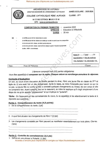 Première page de Éducation à l’Affectivité 5e – Composition du 1er trimestre 2025-2026 – Puberté, hygiène corporelle et adolescence – Collège Catholique Père Aupiais
