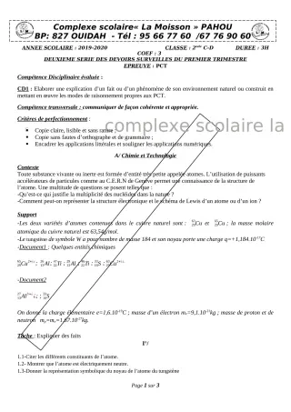 Première page de PCT 2nde C, 2nde D — 2e devoir surveillé, 1er trimestre (2019-2020) · CPEG La Moisson