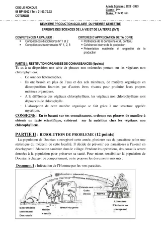 Première page de SVT 5e — 2e production scolaire, 1er semestre (2022-2023) · CEG LE NOKOUE