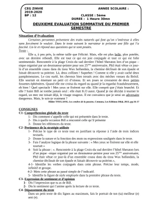 Première page de Français 5e — 2e évaluation sommative, 1er semestre (2019-2020) · CEG Zinvié