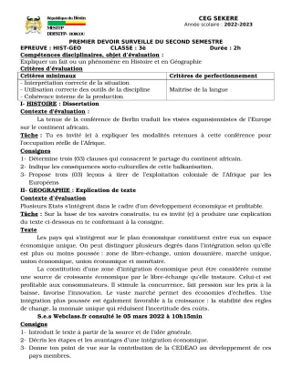 Première page de Histoire-Géographie 3e — 1er devoir surveillé, 2e semestre (2022-2023) · CEG SEKERE