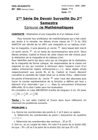 Première page de Mathématiques Tle D — 1er devoir surveillé, 2e semestre (2019-2020) · CEG Akassato