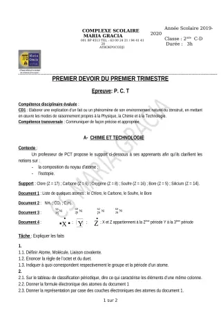 Première page de PCT 2nde C, 2nde D — Composition, 1er trimestre (2019-2020) · CPEG MARIA GRACIA