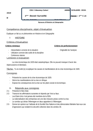 Première page de Histoire-Géographie 1ère C, 1ère D — 2e devoir surveillé, 1er semestre (2018-2019) · CEG2 ABOMEY - CALAVI (CEG ZOCA)