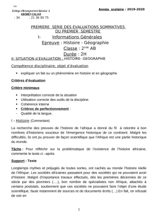 Première page de Histoire-Géographie 2nde A & B, 2nde A1, 2nde A2, 2nde B — 1re évaluation sommative, 1er semestre (2019-2020) · CEG1 Abomey-Calavi