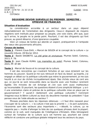Première page de Français 1ère A2, 1ère B, 1ère C, 1ère D — 2e devoir surveillé, 1er semestre (2020-2021) · CEG du Lac