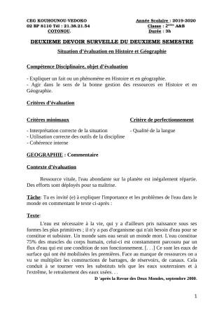 Première page de Histoire-Géographie 2nde A1, 2nde A2, 2nde B — 2e devoir surveillé, 2e semestre (2019-2020) · CEG Kouhounou-Vêdoko